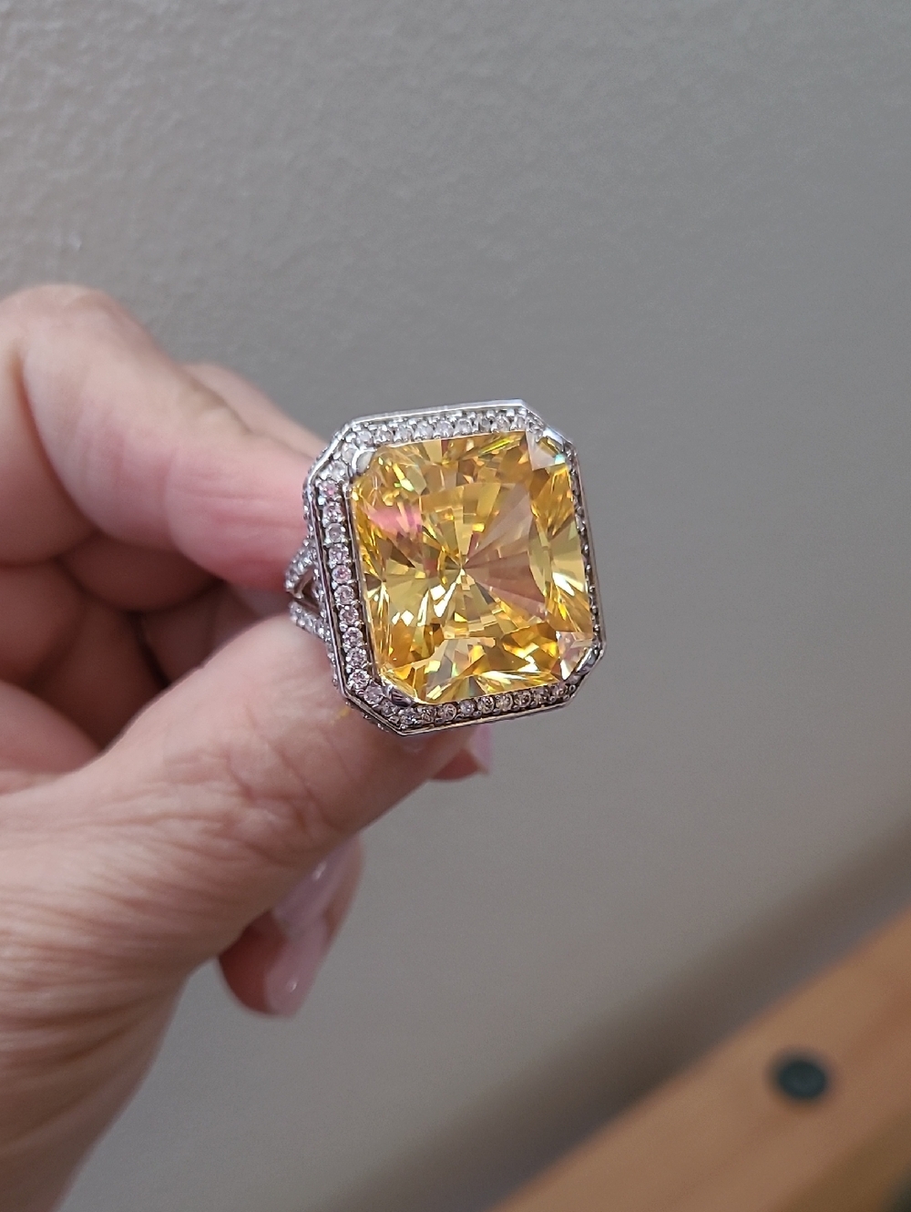 Massive Yellow Gemstone with Diamond Halo Accents Statement Ring
